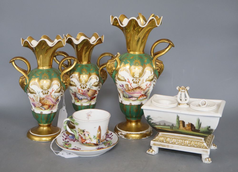 A garniture of three Rockingham style vases, a Capo di Monte cup and saucer and a 19th century French inkstand